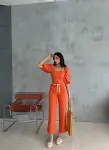 KETEN CROP KARPUZ KOL BLUZ-PANTOLON HASIR KEMERLİ - Orange-1