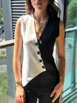 Kadın Sıfır Kol V Yakalı Düğmeli Blok Renkli Atlas Yelek-2
