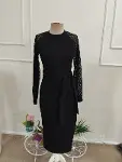 Kadın Uzun Kollu Kolları Desenli Yandan Yırtmaçlı Ve Belden Kuşaklı Midi Janjan Krep Elbise-4