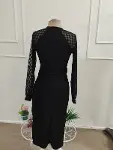 Kadın Uzun Kollu Kolları Desenli Yandan Yırtmaçlı Ve Belden Kuşaklı Midi Janjan Krep Elbise-5