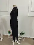 Kadın Uzun Kollu Kolları Desenli Yandan Yırtmaçlı Ve Belden Kuşaklı Midi Janjan Krep Elbise-6