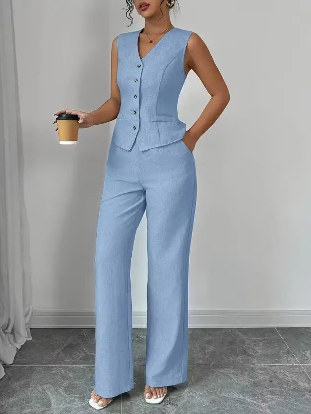 Kadın Askılı önden Düğmeli Bluz Ve Pantolon Keten Ikili Takım