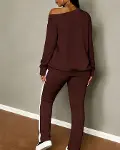 Kadın Tek Omuzdan Açık Uzun Kollu Viskon Iki Iplik Bluz Ve Yan şerit Detaylı Pantolon Ikili Takım-2