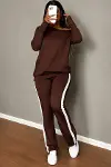 Kadın Tek Omuzdan Açık Uzun Kollu Viskon Iki Iplik Bluz Ve Yan şerit Detaylı Pantolon Ikili Takım-3