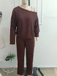 Kadın Tek Omuzdan Açık Uzun Kollu Viskon Iki Iplik Bluz Ve Yan şerit Detaylı Pantolon Ikili Takım-4