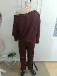 Kadın Tek Omuzdan Açık Uzun Kollu Viskon Iki Iplik Bluz Ve Yan şerit Detaylı Pantolon Ikili Takım-6