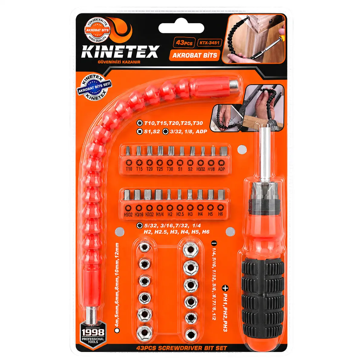 43PCS SİLİKON SAP AKROBAT UZATMALI TORNAVİDA BİTS SETİ MANYETİK UÇ TUTUCU KTX-3451 (4745)