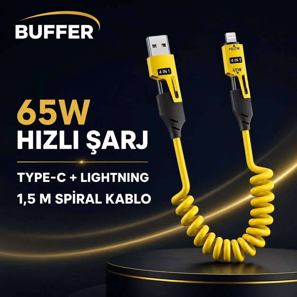 4'ü 1 Arada Esnek Spiral Hızlı Şarj Kablosu, Araç İçi Yaylı Kablo, Type-C ve Lightning Uyumlu Çoklu Şarj Kablosu (4745)