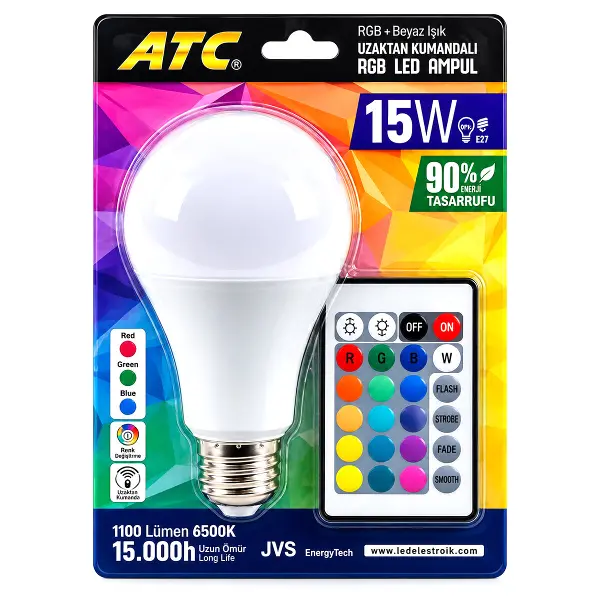 KUMANDALI - RGB 15W=90W - E27 LED AMPUL 1100LM 15000 SAAT ÖMÜR (4745)