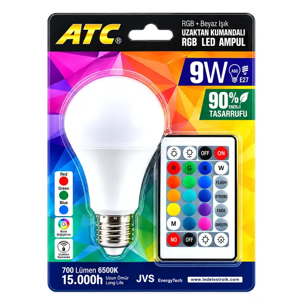 KUMANDALI - RGB 9W=60W - E27 LED AMPUL 700LM 15000 SAAT ÖMÜR (4745)