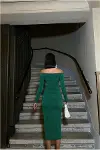Kadın Özel Tasarım Kayık Yaka Drapeli Midi Uzun Kollu Abiye Elbise-3