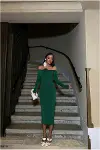 Kadın Özel Tasarım Kayık Yaka Drapeli Midi Uzun Kollu Abiye Elbise-4