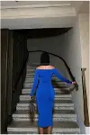 Kadın Özel Tasarım Kayık Yaka Drapeli Midi Uzun Kollu Abiye Elbise-6
