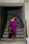 Kadın Özel Tasarım Kayık Yaka Drapeli Midi Uzun Kollu Abiye Elbise-8
