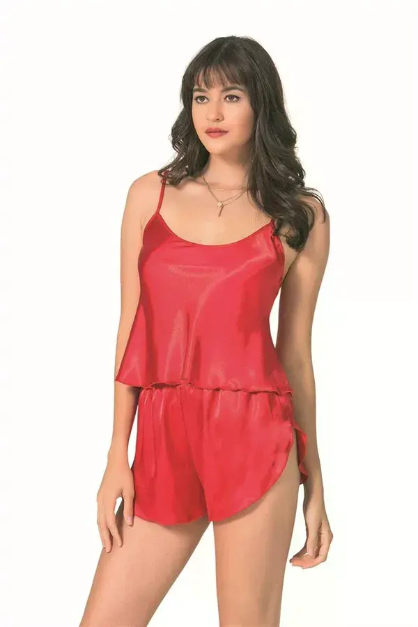 Şık Tasarım Yumuşak Dokulu Kırmızı Saten Babydoll Şort Takımı