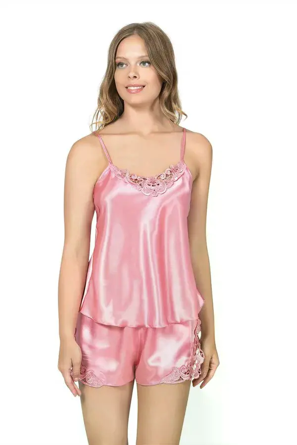 Şık Tasarım Yumuşak Dokulu Dantel İşlemeli Koyu Pembe Saten Babydoll Şort Takım