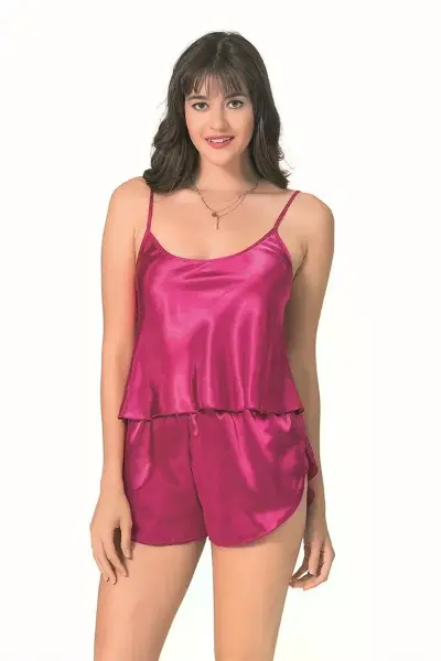 Şık Tasarım Yumuşak Dokulu Vişne Saten Babydoll Şort Takımı