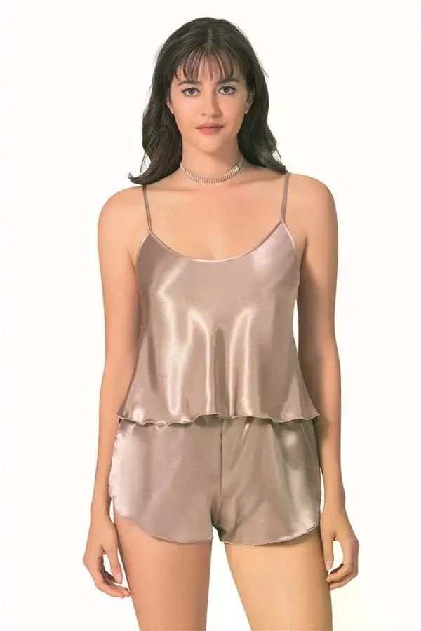 Şık Tasarım Yumuşak Dokulu Vizon Saten Babydoll Şort Takımı