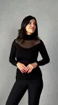 Kadın Balıkçı Yaka Transparan Tül Detay Uzun Kollu Bluz-2