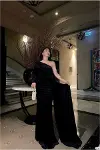 Kadın İnce Esnek Kadife Kumaş Tek Omuz Kuyruklu Abiye Elbise-5