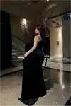 Kadın İnce Esnek Kadife Kumaş Tek Omuz Kuyruklu Abiye Elbise-7