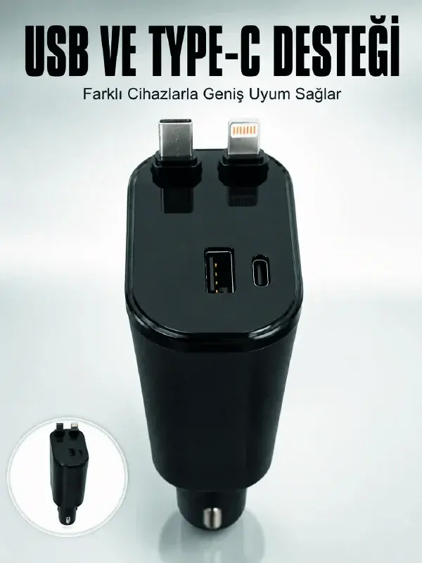 Araç Çakmaklık Şarj Cihazı 120W Type-C & Lightning Kablolu Çoklu Hızlı Şarj İstasyonu