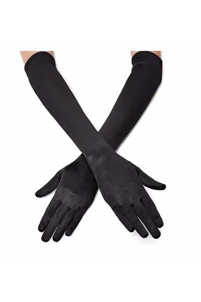 Siyah Renk Dirseğe Kadar Uzun Kumaş Eldiven 40 cm