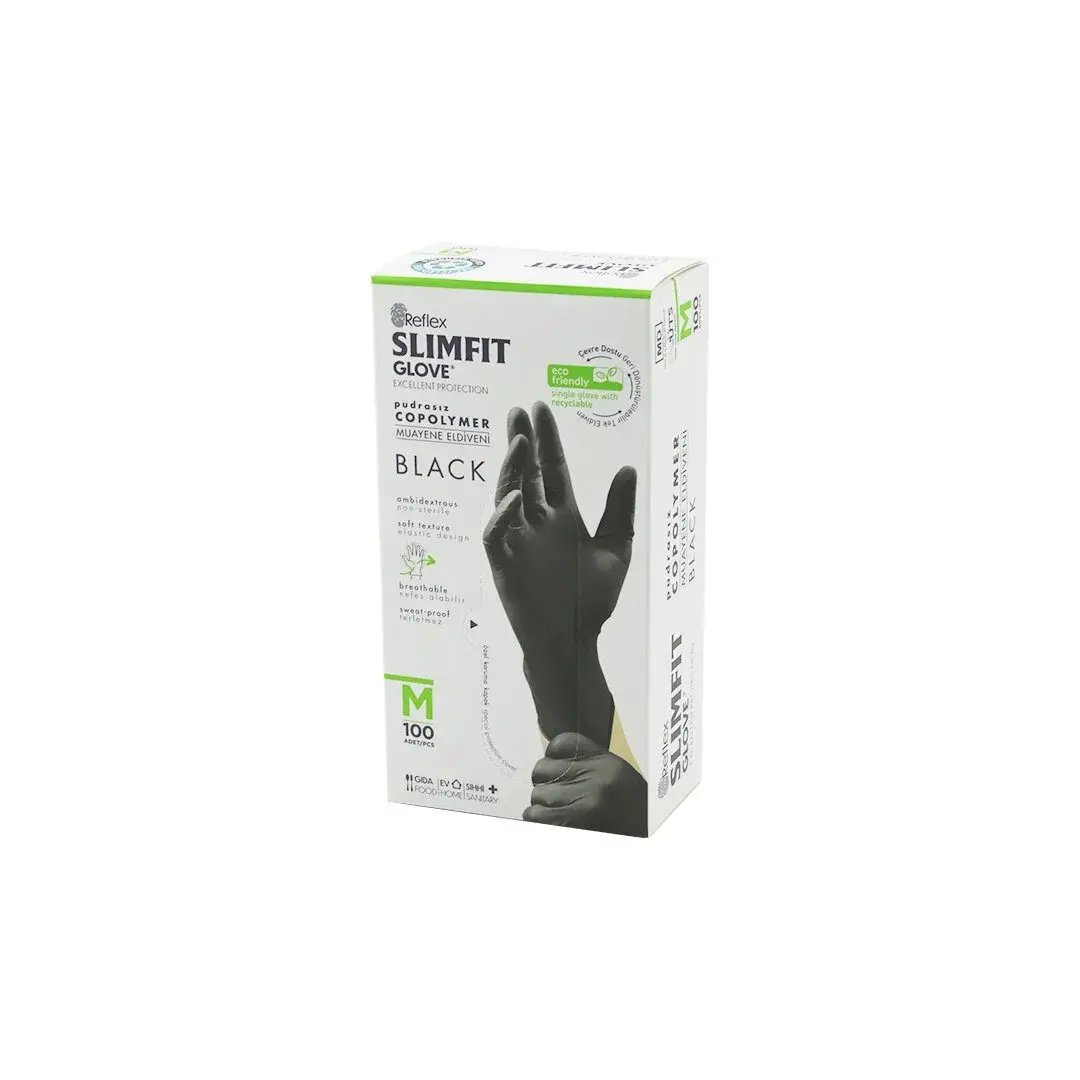 Reflex Slimfit Glove KOD-032 M Siyah Pudrasız Muayene Eldiven 100LÜ