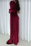 Kadın Kadife Kumaş Tek Omuz Kemerli Maxi Abiye Elbise-3