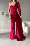 Kadın Kadife Kumaş Tek Omuz Kemerli Maxi Abiye Elbise-4