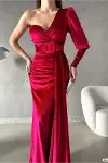 Kadın Kadife Kumaş Tek Omuz Kemerli Maxi Abiye Elbise-6