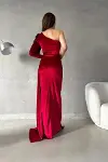 Kadın Kadife Kumaş Tek Omuz Kemerli Maxi Abiye Elbise-7