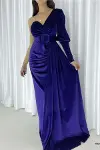 Kadın Kadife Kumaş Tek Omuz Kemerli Maxi Abiye Elbise-8