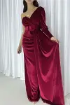 Kadın Kadife Kumaş Tek Omuz Kemerli Maxi Abiye Elbise-1