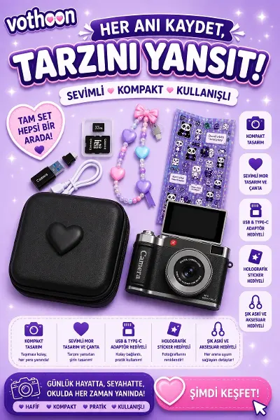 4k Çantalı Dijital Retro Video Kamera 48mp 16x Zoom Işıklı (32gb) Kart Dijital Fotoğraf Makinesi Siy