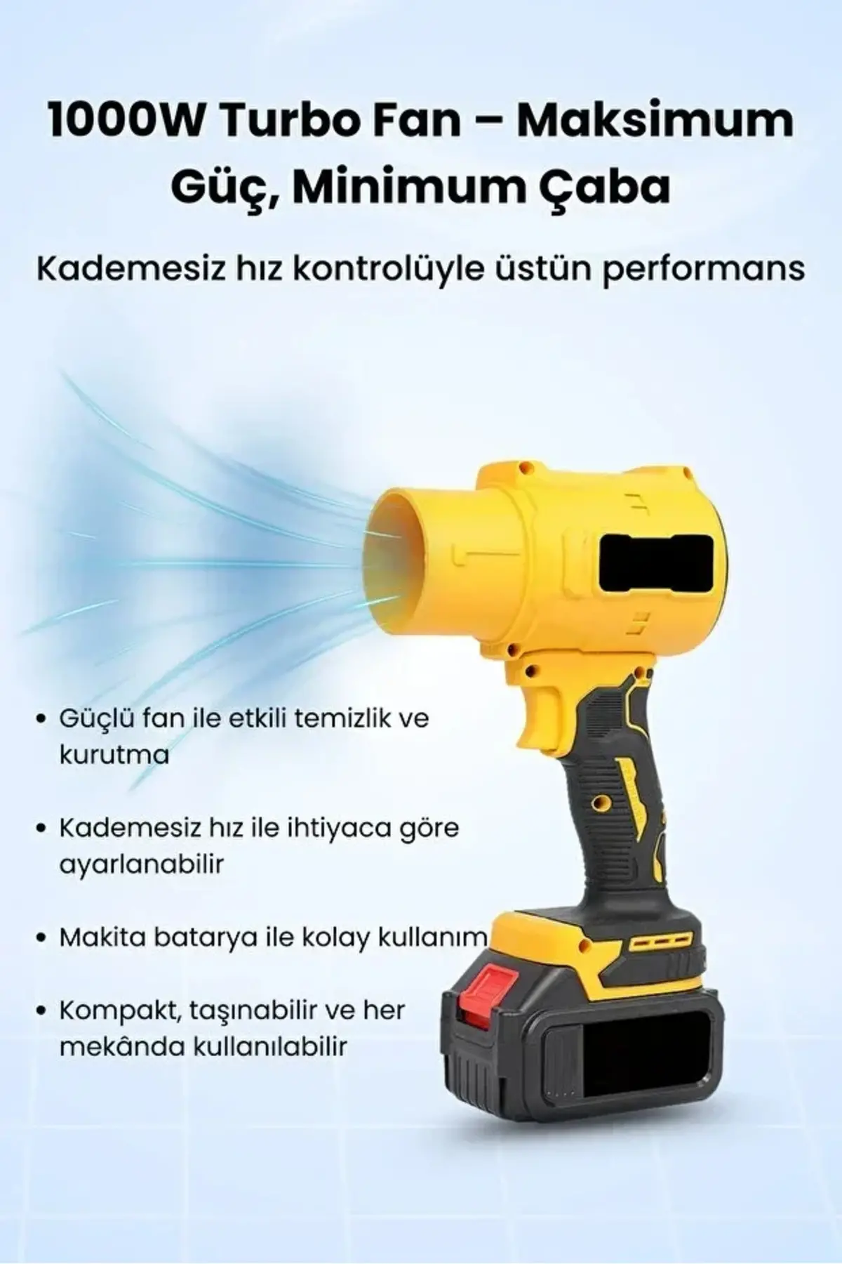 21V Kablosuz Hava Üfleyici | 32.000RPM Turbo Fan, 12.000mAh Batarya, Bahçe & Araç Kurutma / Sarı