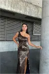 Kadın Trend Tasarım Kadife Kumaş Asimetrik Yaka Payetli Abiye Elbise-2
