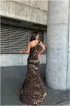 Kadın Trend Tasarım Kadife Kumaş Asimetrik Yaka Payetli Abiye Elbise-4