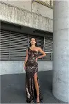 Kadın Trend Tasarım Kadife Kumaş Asimetrik Yaka Payetli Abiye Elbise-1