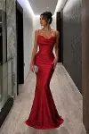 Kadın Saten Kumaş Kalp Yaka Askılı Abiye Elbise-2