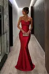 Kadın Saten Kumaş Kalp Yaka Askılı Abiye Elbise-1