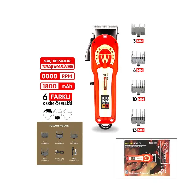 Saç - Sakal Kesme Traş Makinesi Ayarlanabilir Bıçak - 0,1MM-0,5MM 8000RPM 6 Farklı Kesim MR-4800