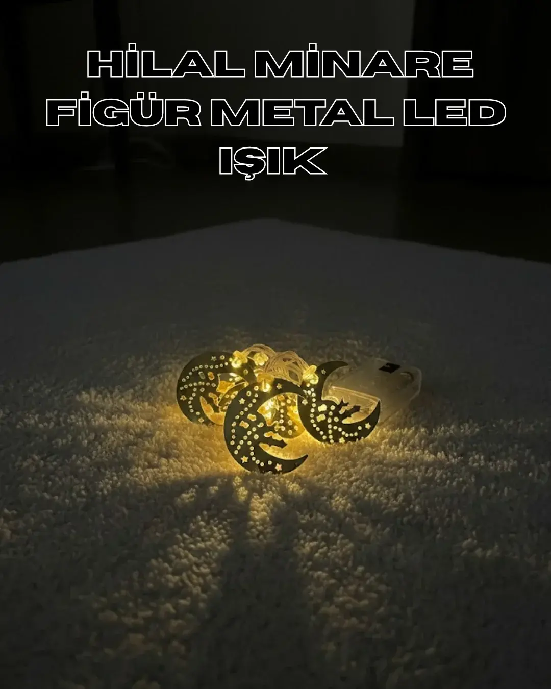 Gold Renk Metal nareli Hilal LED Işık Pilli Ramazan Süsü