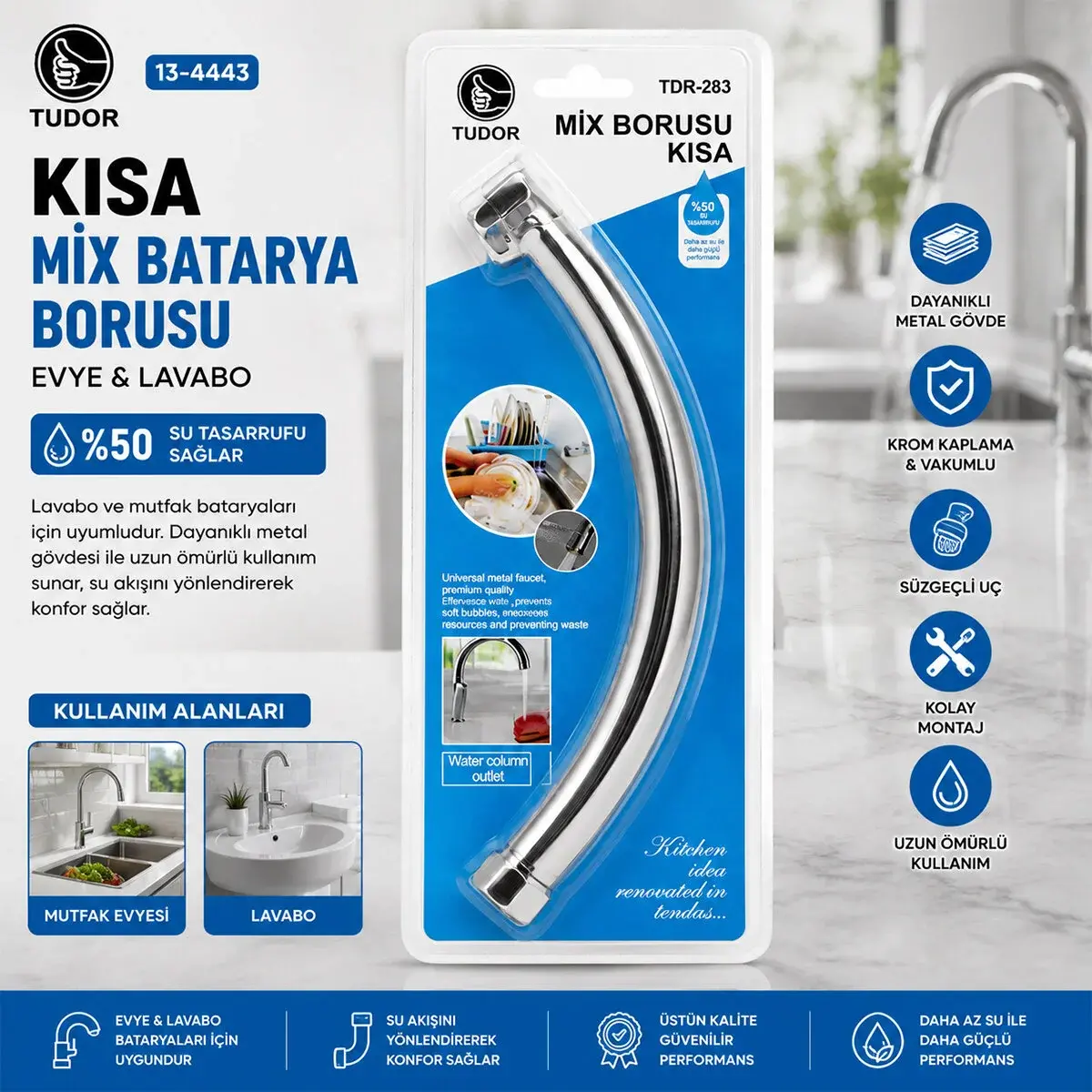 Kuğu Evye - Lavabo Kısa x Batarya Borusu Krom Kaplama - Vakumlu - Süzgeçli Uç