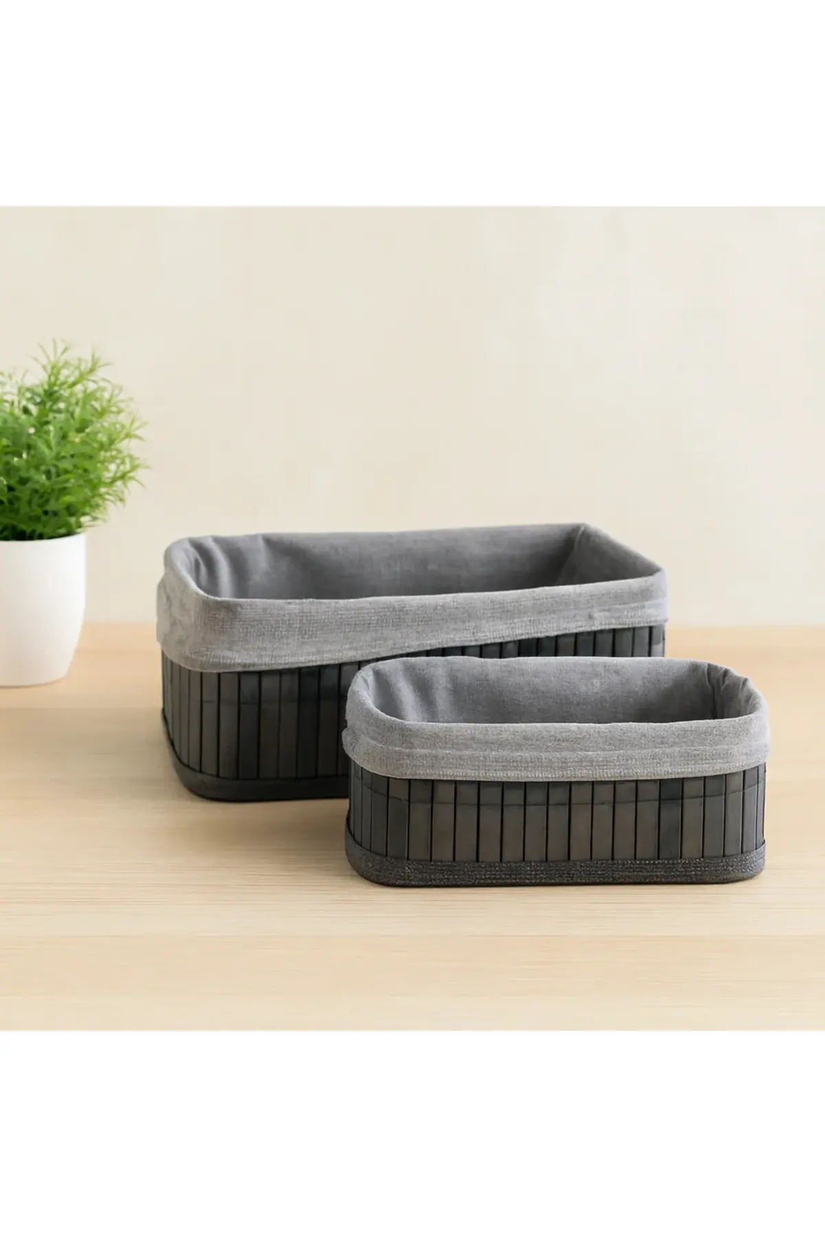 Gri Bambu Kenarlı Dikdörtgen Organizer Sepet (25x14 / 28x18 cm) - Ahşap Taban, Bezli