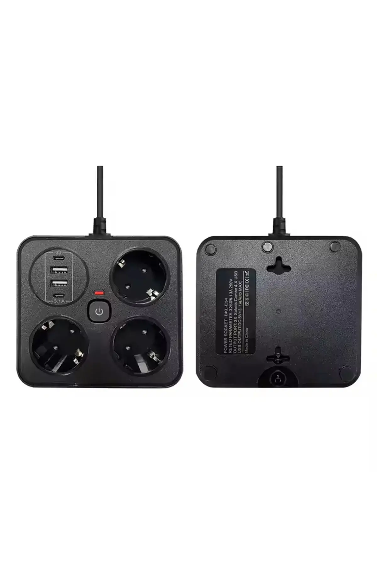 Akım Korumalı Anahtarlı Priz - 3x Priz - 2x Usb - 2x Type-c - 2 Mt Kablo Hızlı Şarj Özellikli Siyah