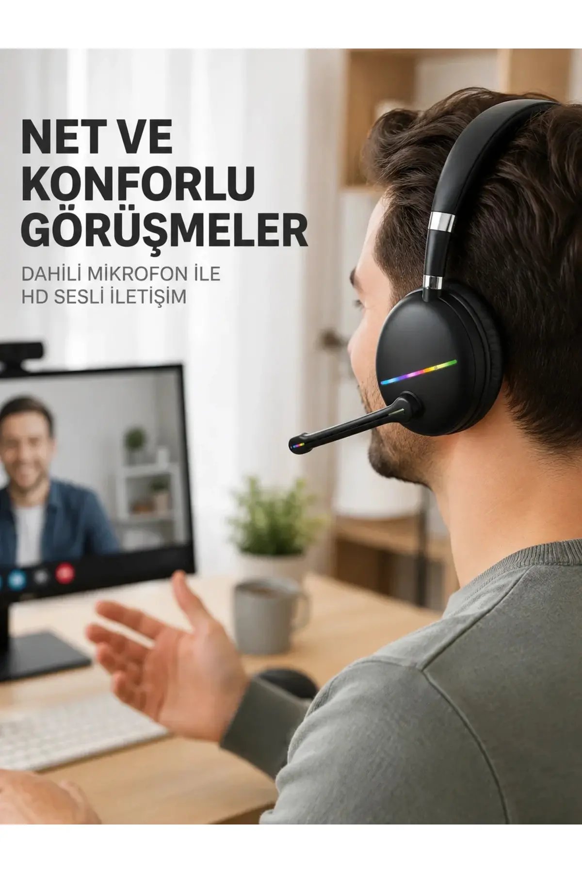 Bluetooth 5.0 Kablosuz Kulak Üstü Kulaklık krofonlu RGB Aydınlatmalı
