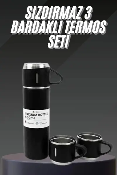Termos Seti Paslanmaz Çelik 3 Bardaklı Vakumlu Termos Set 500 Ml 12 Saate Kadar Isı Koruma