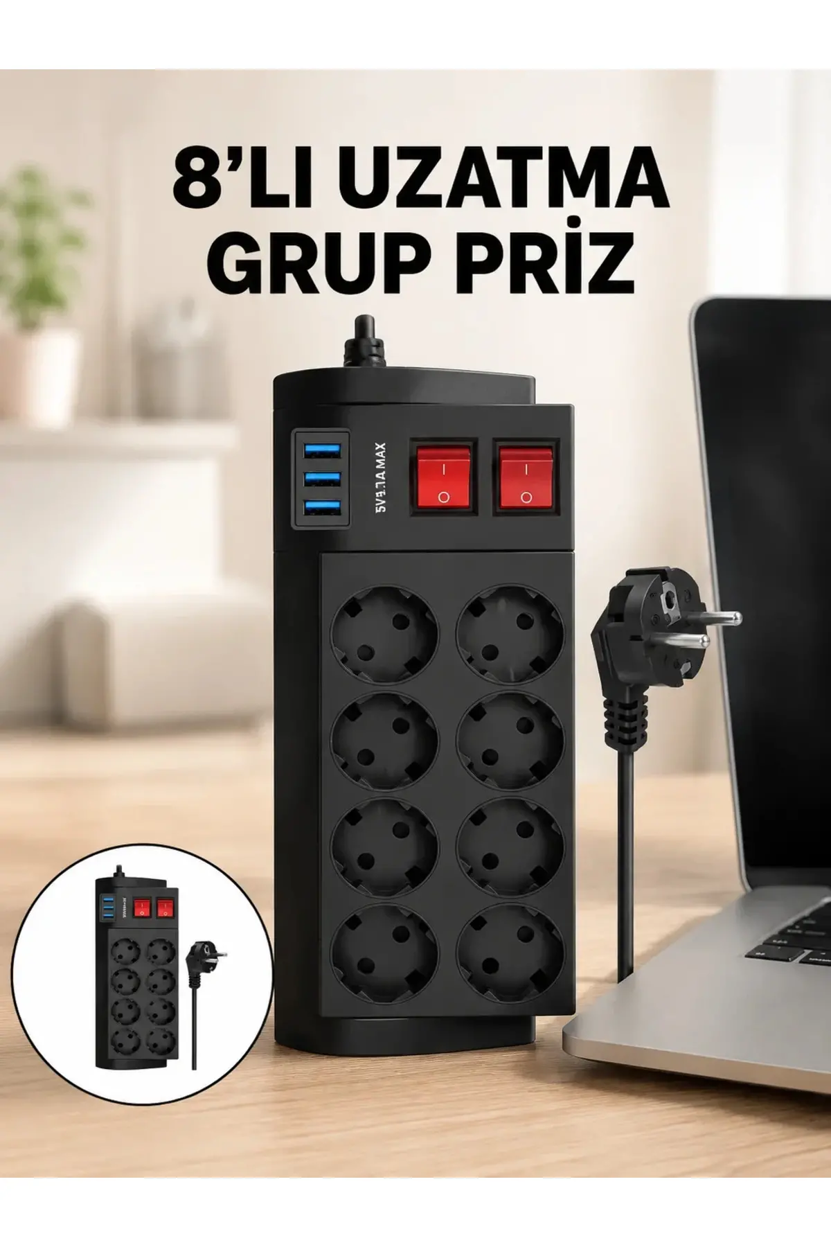 Termal Korumalı 8 Prizli 3 USB’li Uzatma Kablosu Yeni Nesil