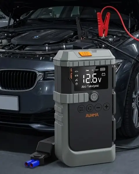 Taşınabilir Araç Çalıştırma Jump Starter Hava Pompası Dijital Basınç Göstergeli Güç Bankası
